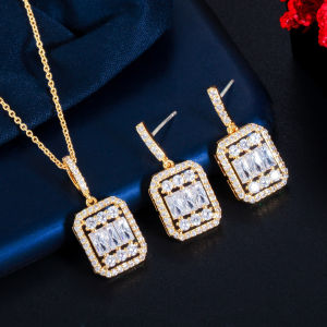 SEQUITO Bông Tai Vòng Cổ Mặt Dây Chuyền Hình Chữ Nhật Đơn Giản Đá Cubic Zirconia Cho Cô Dâu Trang Sức Tiệc Cưới Quà Tặng BBF SJ189