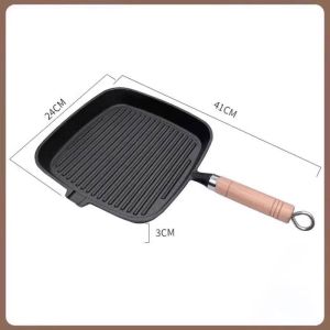 MECOME ไม่เคลือบ กระทะเหล็กหล่อ ด้ามไม้ เหล็กหล่อ หม้อทอดสเต็ก พรีเมียม ผิวไม่ติด กระทะสเต็ก ตั้งแคมป์