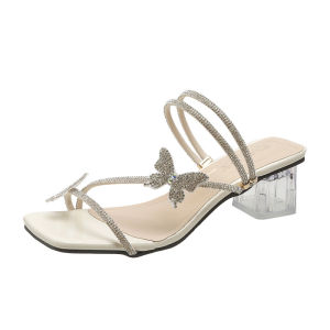 Fashion Sandals Womens Fairy Feng Shui Rhinestone Two Wear Crystal Slippers New Block Heel Temperament High Heel Sandals