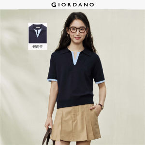 Giordano Women Mock Two-Piece V-neck Short Sleeve Crew Neck Knit Sweater - High Quality Free Shipping 18356703