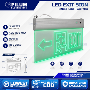 Pilum LED Light Emergency EXIT Single Face Back & Front View Safety Sign Acrylic Panel Flame Retardant Material Ring Hanging Hole Acrylic Panel