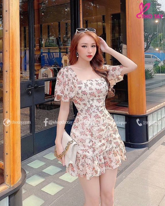 Đầm hoa nhí đen dự tiệc, Váy hoa nhí vintage Cao Cấp cổ vuông tay ngắn dáng  xòe đi chơi dự tiệc - MiNhi | Shopee Việt Nam