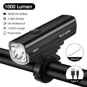 WEST BIKING Bike Light 1000 Lumen Waterproof Rechargeable 4800 mAh Long Battery Life Front Flash Light Aluminum Shell Bicycle Accessories