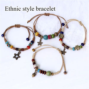 Ethnic Style Pine Cone Pendant Bracelet Distressed Pentagram Ceramic Beaded Bracelet