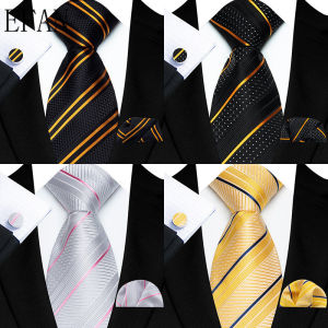 Solid Gold Yellow Black Striped Ties for Men Handky Cufflinks Set Fashion Gift for Mens Tie Wedding Business Necktie Blue Silver Orange Beige