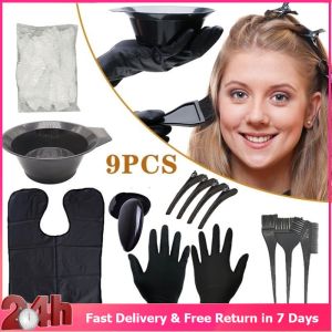 9Pcs Salon Hair Dye Set Hairdressing Coloring Brushes Bowl Combo Earcap Clips Hair Dyeing DIY Kit