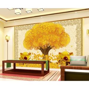 Tranh dán tường 3d cây tài lộc may mắn trang trí phòng khách phòng làm việc thu hút tài lộc