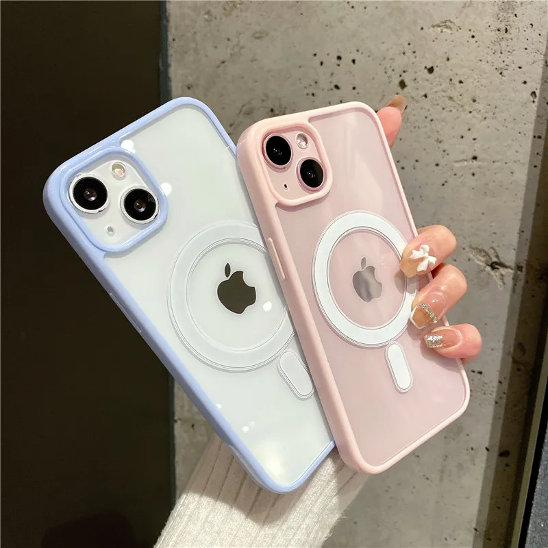 Candy Color Border Transparent MagSafe Phone Case For iPhone 14 13