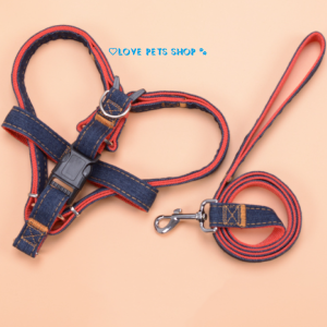 Bộ dây dắt cho Chó Mèo kèm yếm dây bằng vải jean 2 lớp - Love Pets Shop
