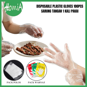 Sarung Tangan Plastik 100pcs Transparent Disposable Plastic Gloves Sekali Pakai Higienis - HOMIA