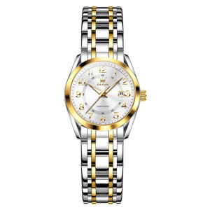 OLEVS 3666 Fashion Quartz Women Watch Gift Round-dial Stainless Steel Watchband Wristwatch Week Display Calendar Luminous