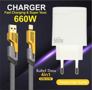 Charger 660W Batok X16 + Kabel Data Fast Charging 4in1 USB Type A Type C iOS Multiple Charging