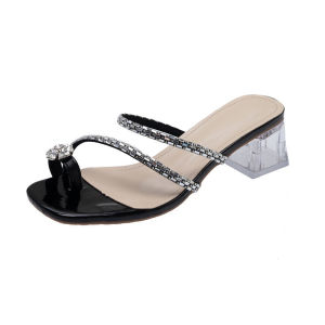 IELGY รองเท้าแตะมีสายรัดเข็มกลัดพลอยเทียมรองเท้าส้นสูงรองเท้าแตะผู้หญิงรองเท้าส้นตึกโปร่งฤดูร้อน