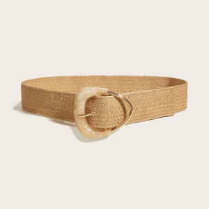 Fashionable womens belt with triangular needle buckle PP grass woven elastic and non perforated belt