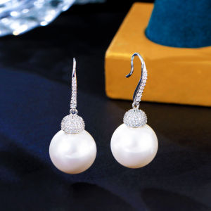 Sequito cao quý Bridal trang sức Tai Micro Pave Tiny Bling aaaaa Zirconia vàng trắng màu chất lượng cao giọt trân châu Bông tai lủng lẳng tiệc cưới phụ kiện quần áo se871