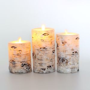 Birch Bark Set of 3 Flameless Candles Battery Operated Real Wax Pillars & Moving Flame Wick LED Candles with 10-Key Remote Control Timer Diameter 7.5cm