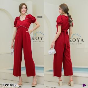 TW18080 Jumpsuit จั้มสูทขายาว แขนพองแต่งลูกไม้ ..
