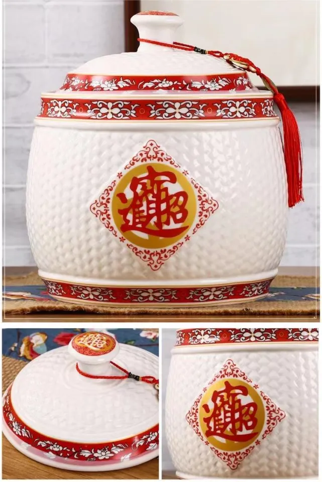 ceramic aesthetic rice dispenser 10kg/5kg porcelain rice storage container  airtight big ceramic jar with cover kitchen canisters and jars organizer