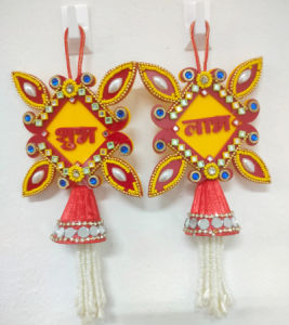 Reusable Shubh Labh Hanging for Door | Lakshmi Ganesha & Trishul Design | Decorative Wall & Entrance Décor with Studded Stones | (Pack of 1 Pc)