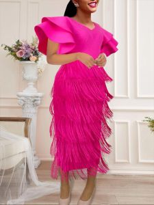 Women Tassel Dresses Bodycon Party Prom Midi Length Big Sleeve Fringe Dress Evening Birthday Celebrity Outfits Large Size 4XL
