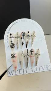 【HANDMADE+Free Glue】Long Stiletto Press on Nails Chrome Hearts Punk YK2 Planet Diamond Cross Artificial Nail Phototherapy Fake Nail Patch Nails Reusable