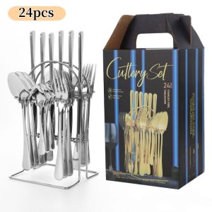 Tase Good stainless steel tableware set western steak knife fork and spoon creative 24 piece gift box (Free shelves)