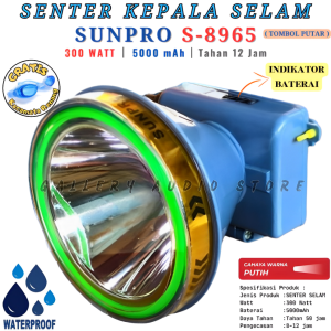 Senter Kepala Selam SUNPRO S-8965 300 Watt | Senter Kepala Diving Super Terang Sunpro S-8965 Super Bright Cahaya Putih Baterai 5000mAh Tahan Hingga 12 Jam [ free Kacamata Renang ] | Cod