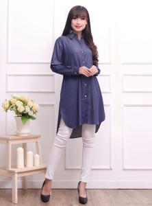 Femme OLs - Kemeja Denim 3940 - Katun Denim Halus dan Adem - Model Pingguin - Fit to XL LD:106cm, PJ:90cm, PJ TGN:54cm - Kancing Hidup Depan (Happy Shopping)