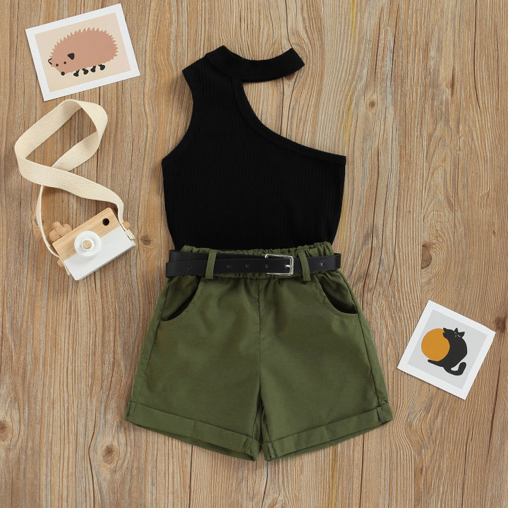 【Forever CY Baby】Wallarenear 1-6Years Toddler Baby Girl 2Pcs Summer  Clothing Set One Shoulder Blackoomph Vest Top Green Shorts
