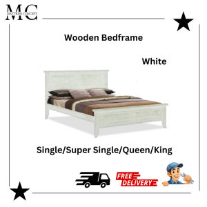【LOCAL SELLER】 ROCEY WHITE SOLID RUBBER WOODEN BEDFRAME SINGLE/SUPER SINGLE/QUEEN/KING ( FREE DELIVERY & INSTALLATION)