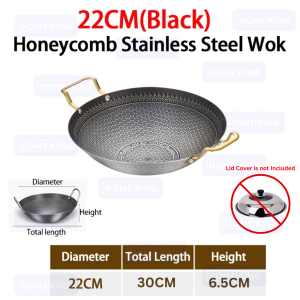 HOMEKING | Honeycomb Wok Stainless Steel with Golden Handle 22CM/32CM/36CM/40CM Nonstick Wok Frypot Kuali Hitam Kuali Tak Melekat Cooking Frying Pan