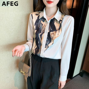 AFEG Korean fashion loose and versatile temperament printed chiffon long-sleeved blouse for women