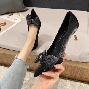 Free Shipping Pointed-Toe Bow High Heels WomenS Stiletto Pumps Shallow-Cut Satin Wedding Shoes Elegant And Stylish New Styles In Red Black And Beige