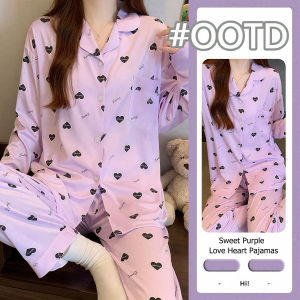 Korean Womens Soft Cotton Sweet Purple Heart Print Pajama Set - Breathable Casual Wearable Loungewear