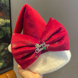 New Year Christmas Hat Plush Thickened Santa Claus Bow Hats for Adult Kids Christmas Caps Festive Party Decor Supplies