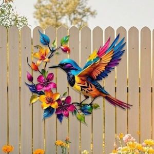 DUY26 Colorful Flower Iron Art Bird Wall Hanging Hand Painted Rustproof Colorful Birds Sculpture Vibrant Colors Weather Resistant Wall Ornament Home Decor