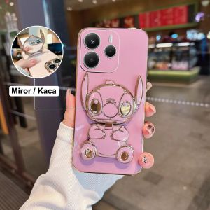 Casing Handphone Redmi Note 14 / 14 Pro 4G 5G Soft Case Silicon Dudukan Miror Cute Stich Plating Premium