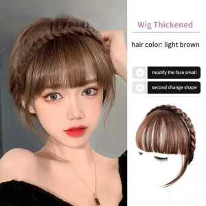 OKEYSHOP 1pcs Korean Air Bangs Wig with Braids Hair Headbands Neat Fringe