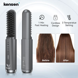 KENSEN Cordless Ionic Hair Straightener Brush USB Rechargeable Wireless Comb 3 Temperature Adjustment 2 in 1 Hair Straightening Brush Hot Curling Iron Hair Curler -Upgrade