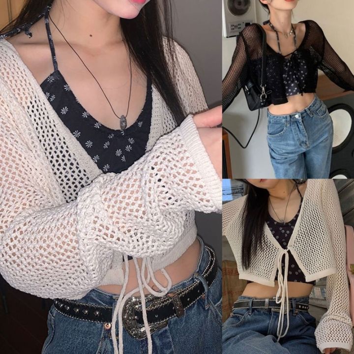 Ready Stock-Women V-Neck Lace-Up Front Long Sleeve Cardigan Crop Top Hollow  Out See Through Fishnet Mesh Shirts Thin Cover Up Jacket F3MD