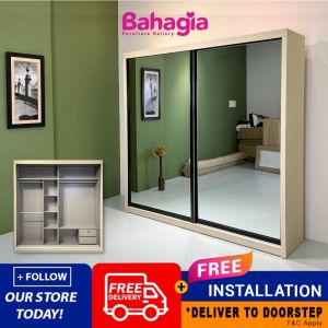 ✨ Free Install ✨ Oak 6x8ft & 8x8ft Anti-Jump Sliding Door Wardrobe - Melamine Board - Wardrobe Clothes Cabinet - Bahagia Almari Baju - Bedroom ~ 衣橱 131