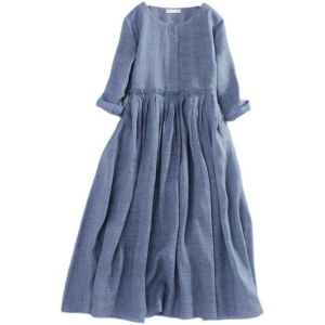 DSF Studio dress imitation hemp literature and art 2026 spring and summer round neck pleated drawstring Mori seven-quarter sleeve cotton thin pendulum dress