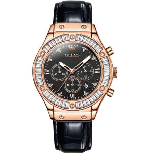 OLEVS 9978 Fashion Quartz Women Watch Gift Genuine Leather Watchband Round-dial Wristwatch Chronograph Calendar