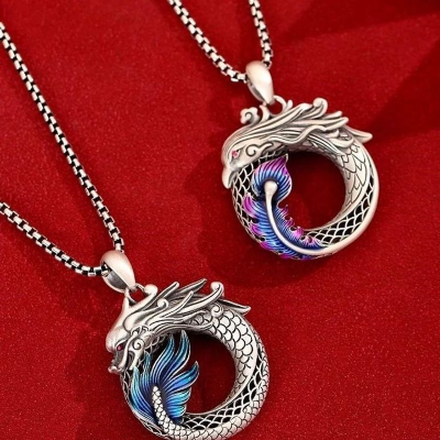 Dragon and Phoenix couple necklace, Phoenix Shenlong retro ethnic style necklace, bring good luck