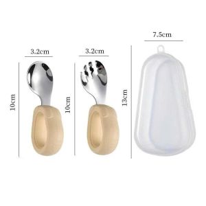 (Tặng Hộp) Bộ Thìa nĩa tập ăn cho bé tay cầm silicon mềm muỗng cong Inox 304  an toàn