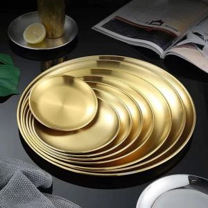 Dinner Plates Gold Dining Plate Serving Dishes Round Plate Cake Tray Western Steak Round Tray Kitchen Plates