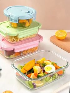 3Pcs/set Heat Resistant Borosilicate Glass Lunch Box with Bamboo Wood Lid Storage Container Bekas Makanan 竹木盖玻璃便当盒