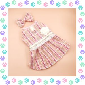 【Trusted】 Whisker Pet Cat Princess Style Costume Checkered Plaid Skirt Dog Gown Dress for Birthday Party Corsage Pearl Lace Decor Dog Dress for Shih Tzu Teddy