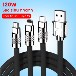 Cáp Sạc Nhanh 3 đầu Hợp Kim Kẽm 120W 6A Dây Silicone