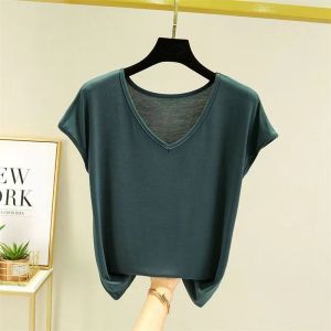 GANLAI Bamboo Fiber T shirts for Women Home Wear Summer Sleeveless Shirt V-neck Top Large Outer Wear Half Sleeved Top Solid Color Modal Cotton Ladies Slim Tshirt Korean Style